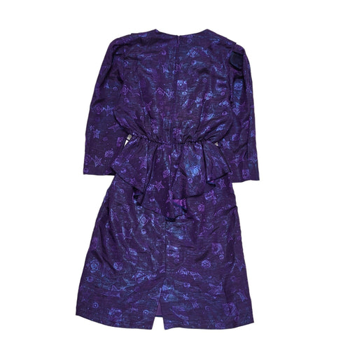 80s Vintage Golden Gate Purple Wrap Peplum Party Dress Women's 14