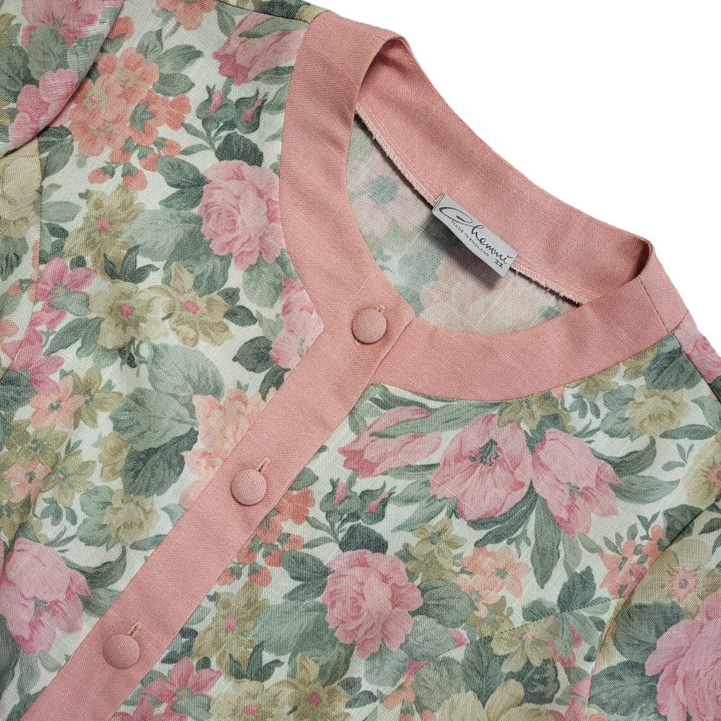 Chemmi Vintage 80's Short Sleeve Pink & Green Floral Shirt Womens UK 22