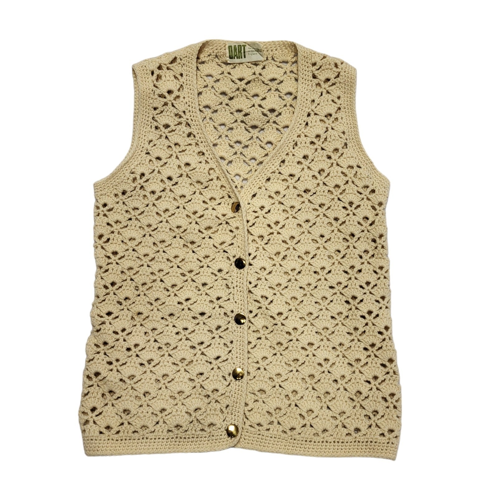 Dart 80s Vintage Beige V-Neck Knitted Sleeveless Top Uk Women's Size 12/14