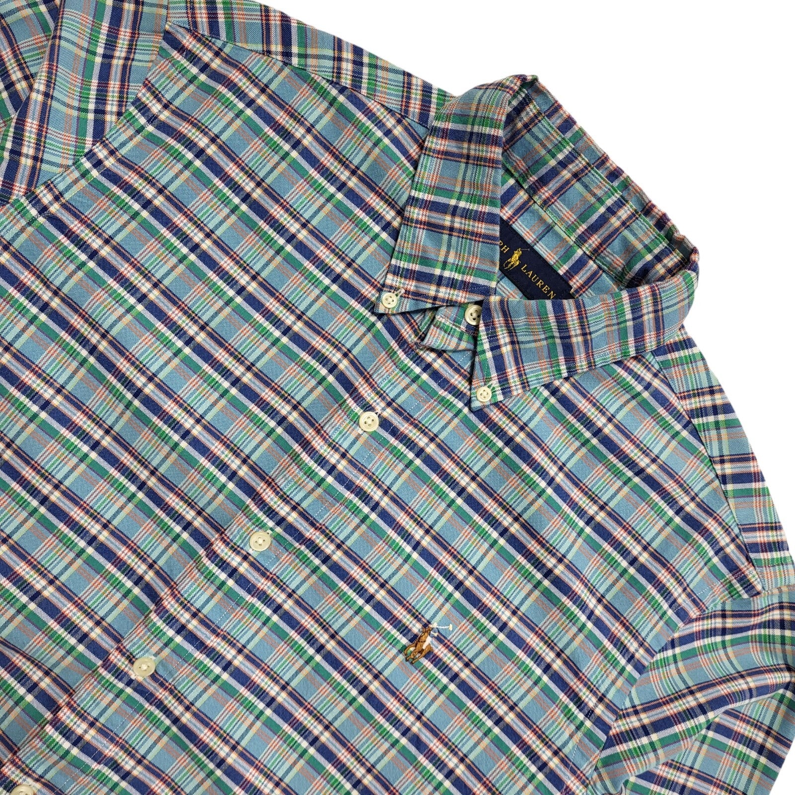 Ralph Lauren 90's Vintage Blue & Green Checked Long Sleeve Shirt Mens UK Size M