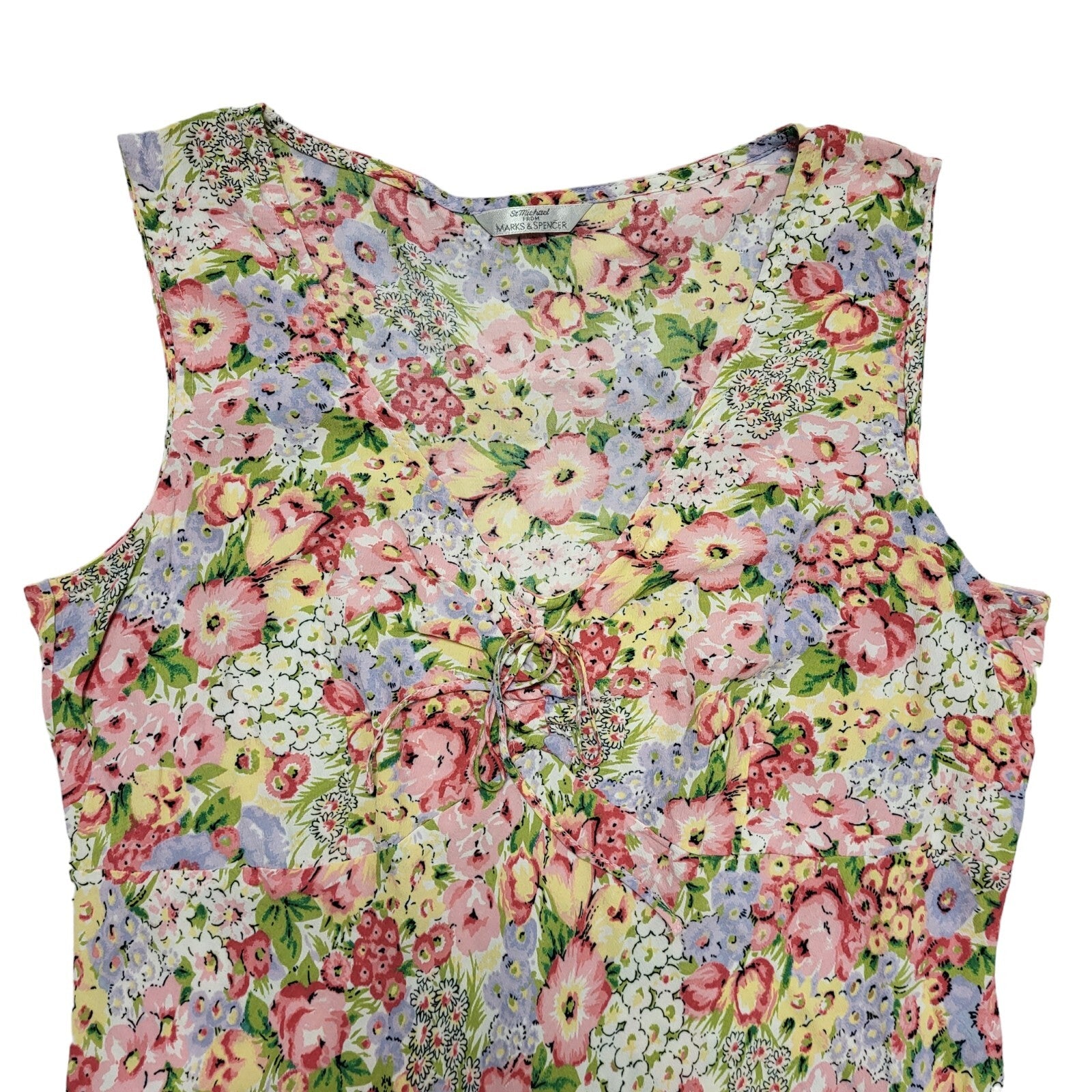 M&S Y2k Pink Yellow Floral Sleeveless Daywear Dress Uk Women's Size 12