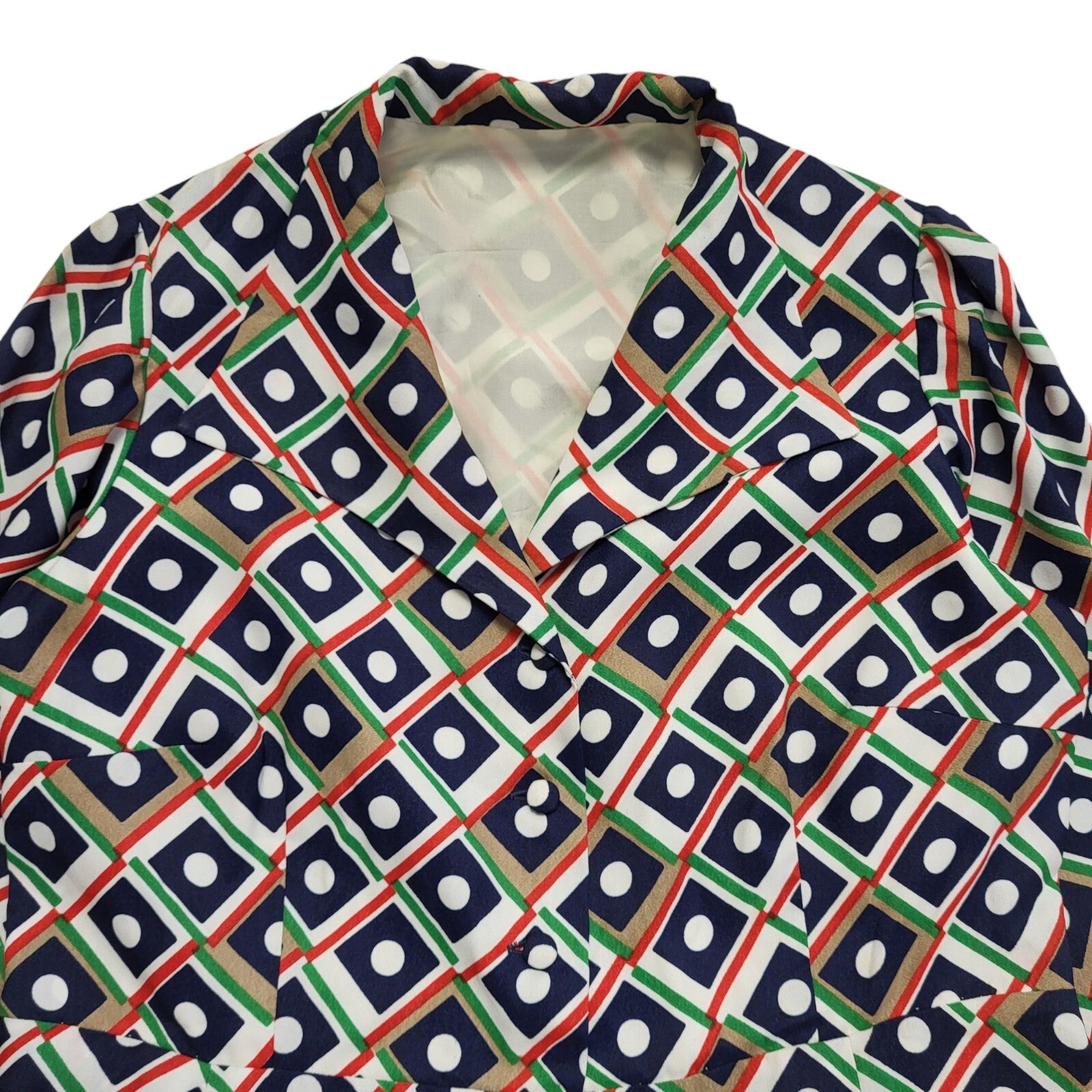 70s Vintage Blue, White, Green & Brown Geometric Collared Dress Women's 14