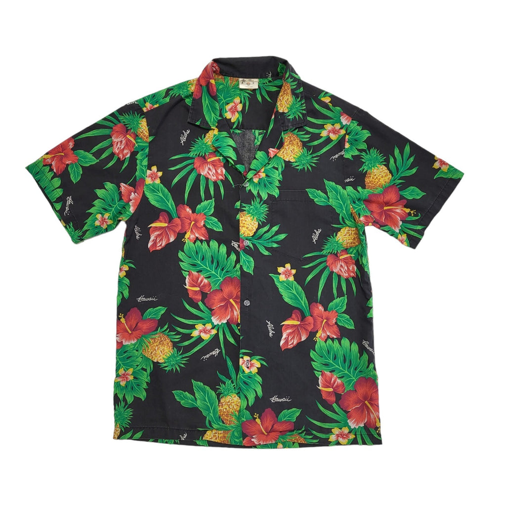 New Horizon 90s Black Green Floral Short Sleeve Retro Shirt Uk Men's Size M