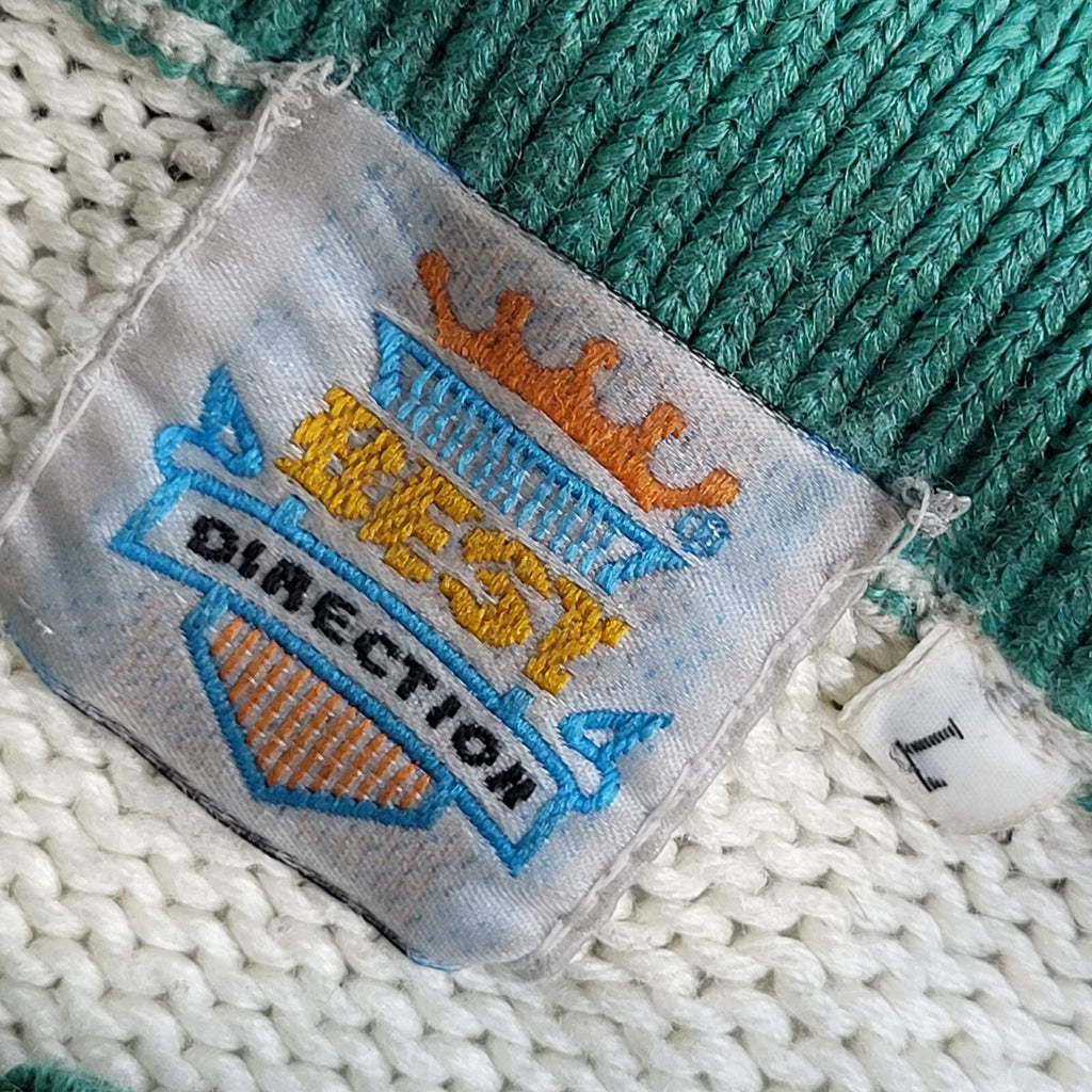 Best Direction Vintage 90's White Green Collared Jumper UK Men's Size L