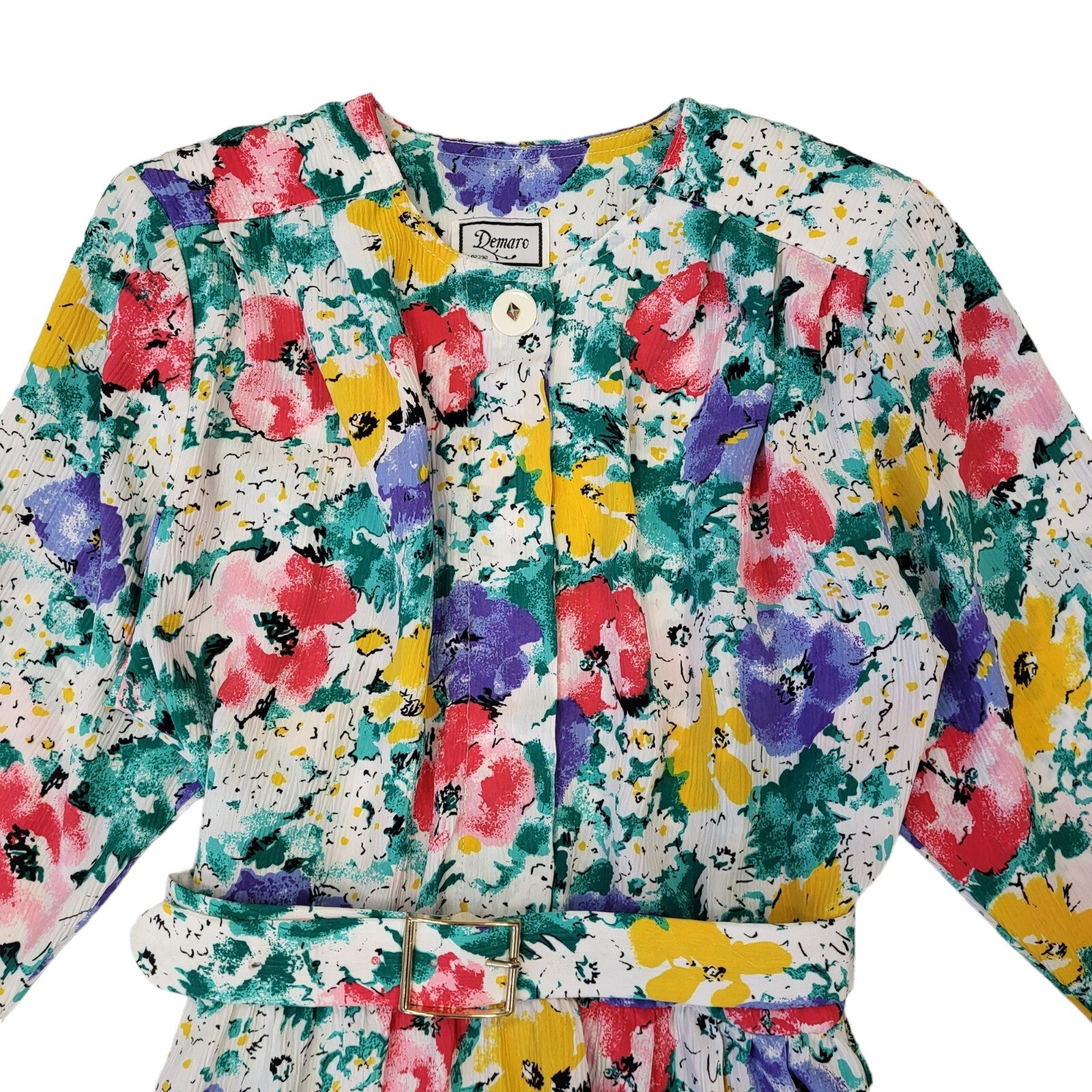 Demaro Vintage 80s White Purple Green Floral Belted Dress Uk Women's Size 10