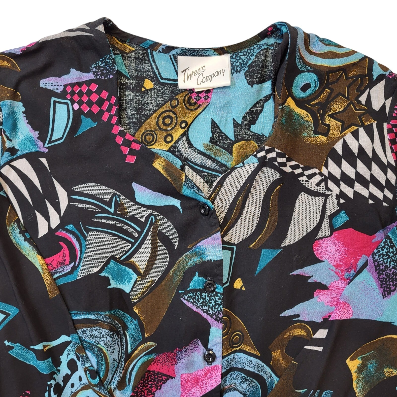 Three's Company 90s Vintage Black Blue 3/4 Sleeve Blouse Women's Size 14 Eu 42