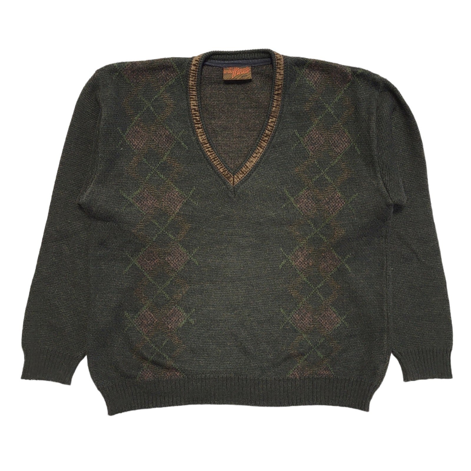 Miracle Vintage 80s Brown Geometric V-Neck Jumper Men's UK XL