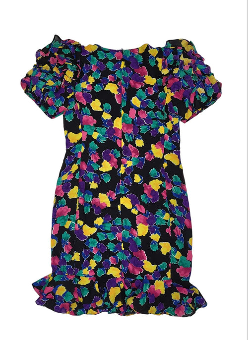 80s Vintage Liz Roberts Floral Print Ruffled Shoulder Party Dress Women's 16