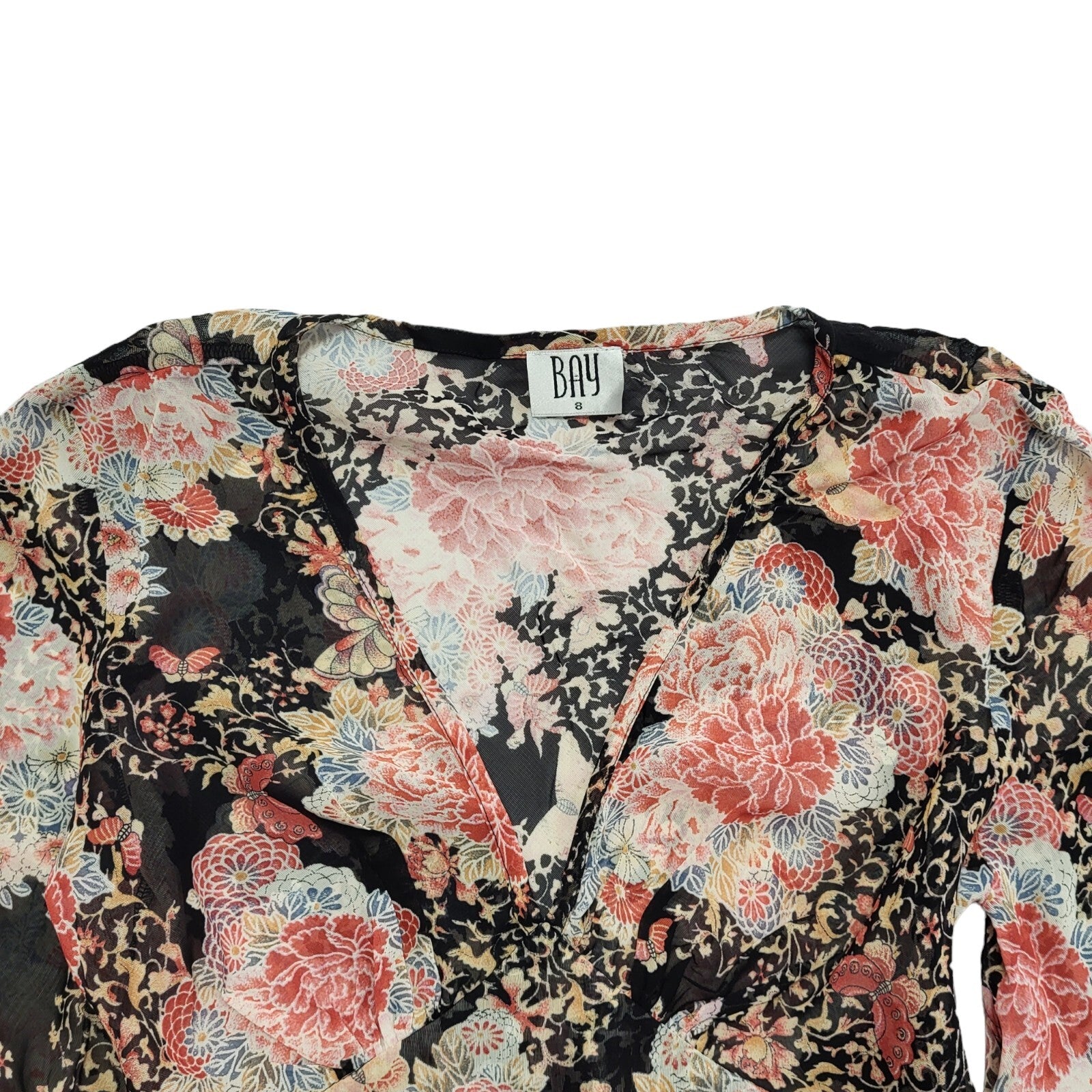 Bay Y2K Vintage Black & Pink Floral Retro Tunic Top Womens UK Size 8