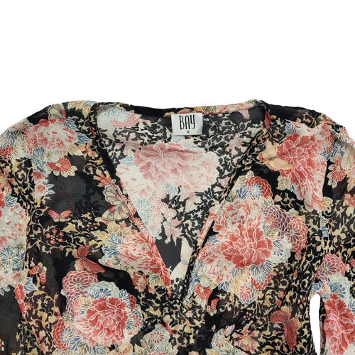 Bay Y2K Vintage Black & Pink Floral Retro Tunic Top Womens UK Size 8