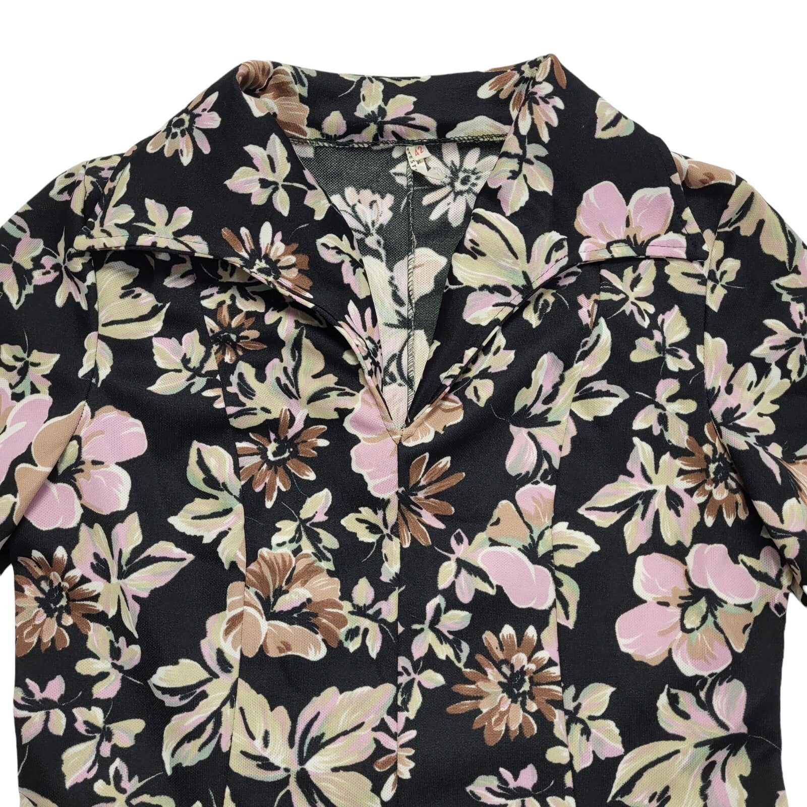 70s Vintage Black & Pink Floral V-Neck Daywear Dress Women's 12/14