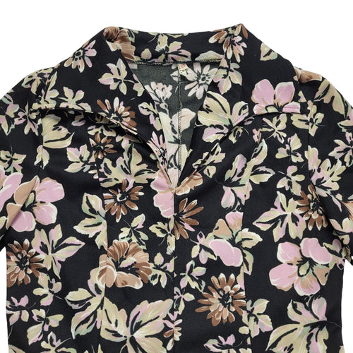 70s Vintage Black & Pink Floral V-Neck Daywear Dress Women's 12/14