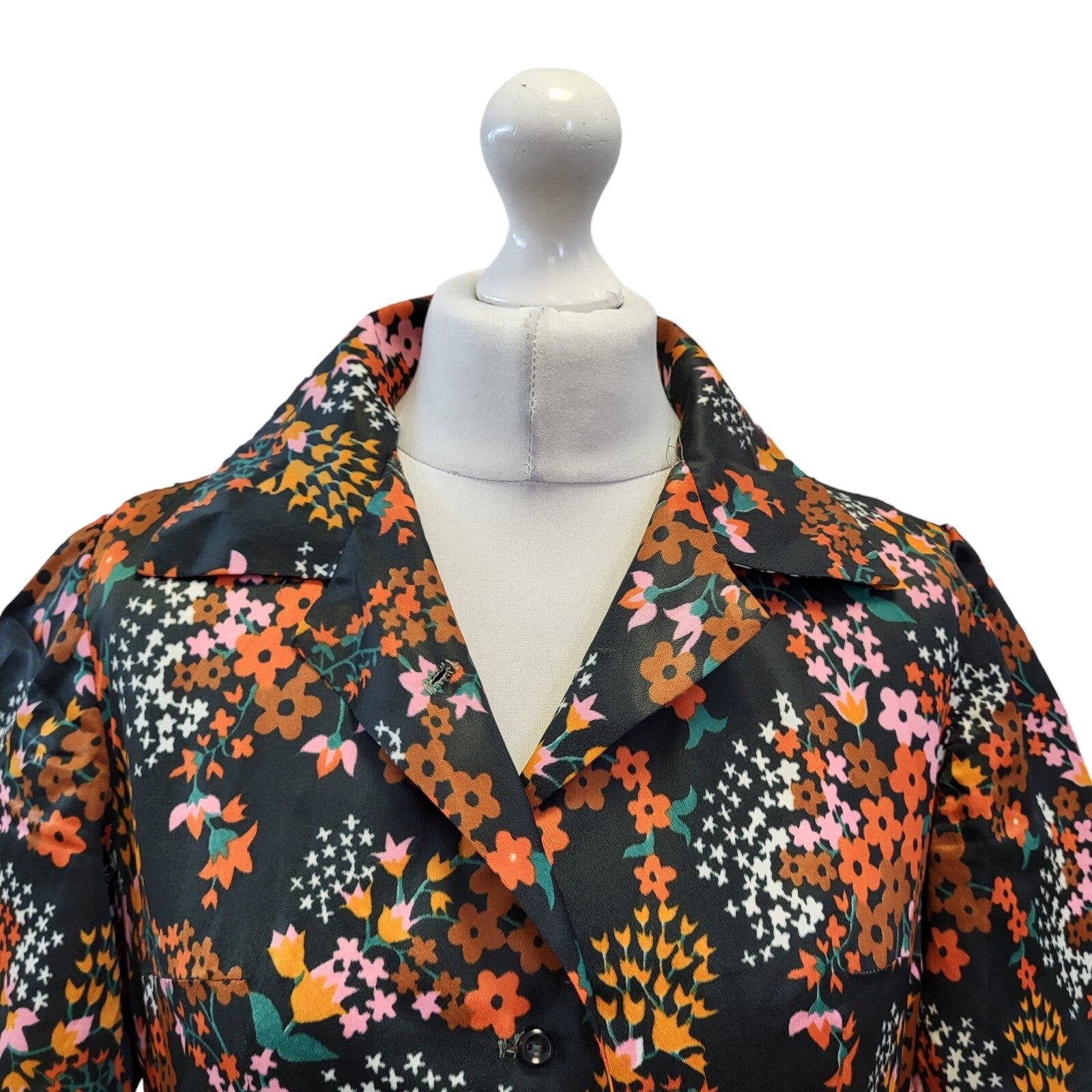 70s Vintage Black & Pink Floral Dress Women's Size 14 EU 42