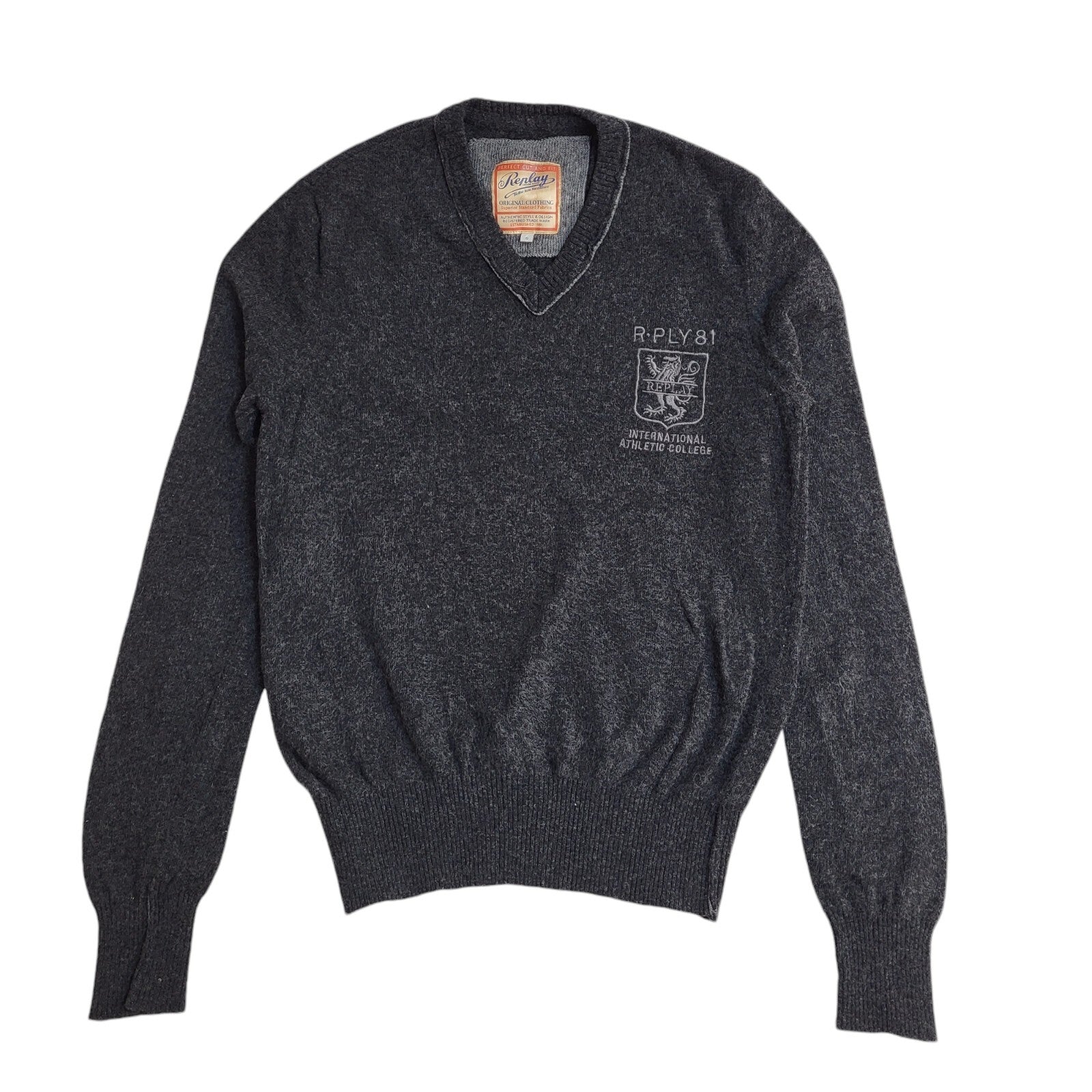 Replay Vintage 90's Dark Grey V-Neck Jumper UK Men's Size Small