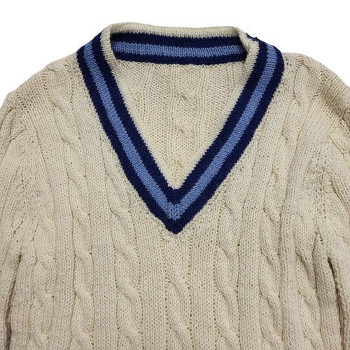 90s Vintage Cream Blue Acrylic V-Neck Cricket Jumper Uk Women's Size Small