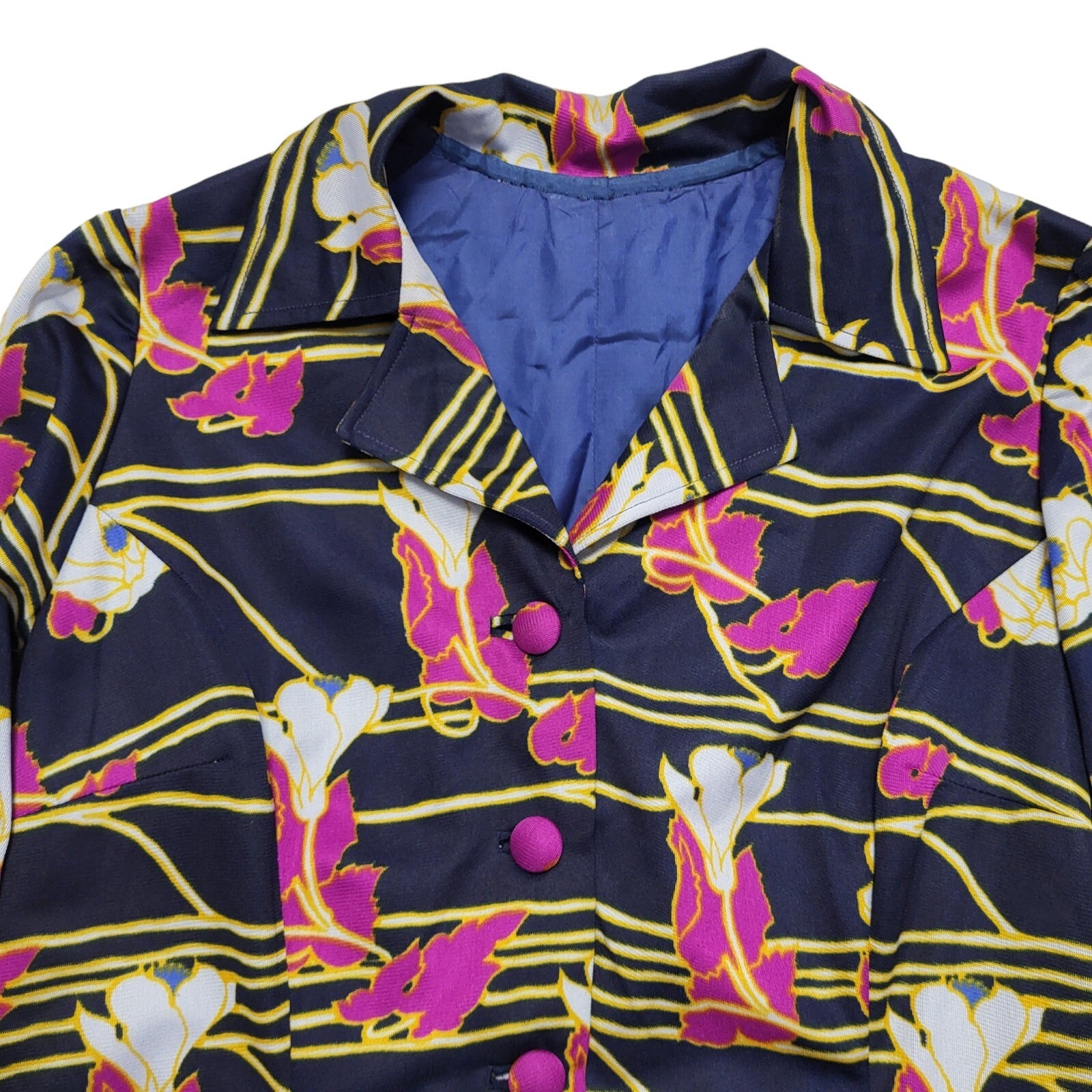 70s Vintage Navy & Purple Floral Collared Long Sleeve Midi Dress Women's 14