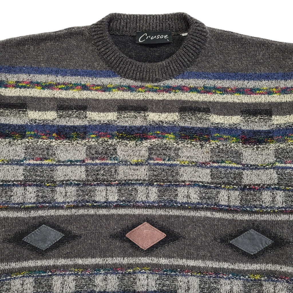 Crusoe Vintage 80s Grey Blue Crew Neck Acrylic Jumper Men's Size L