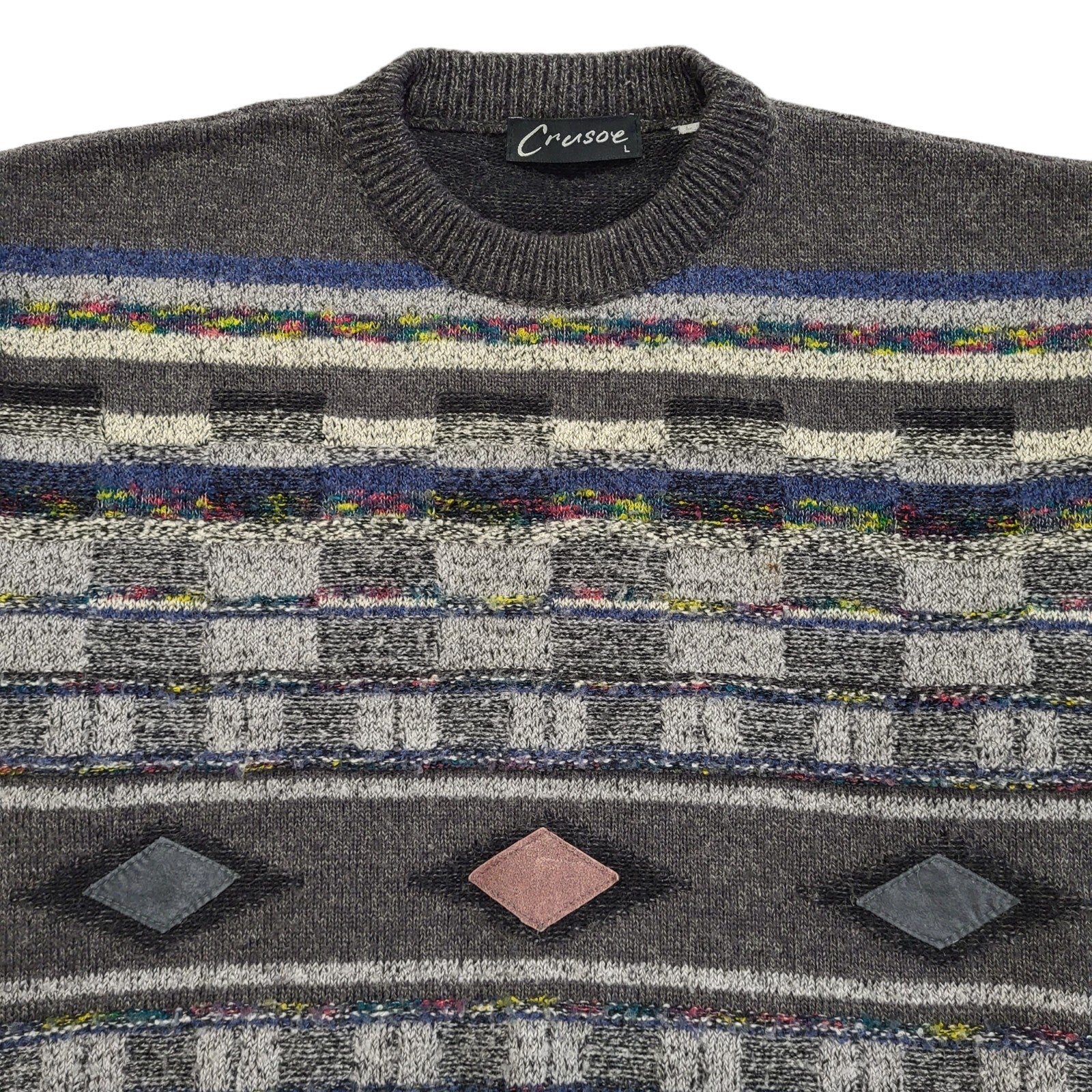 Crusoe Vintage 80s Grey Blue Crew Neck Acrylic Jumper Men's Size L