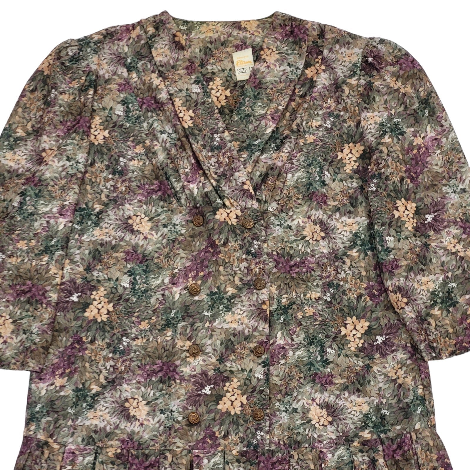 90s Vintage Etam Green & Pink Floral Pleated Dress Women's Size 12