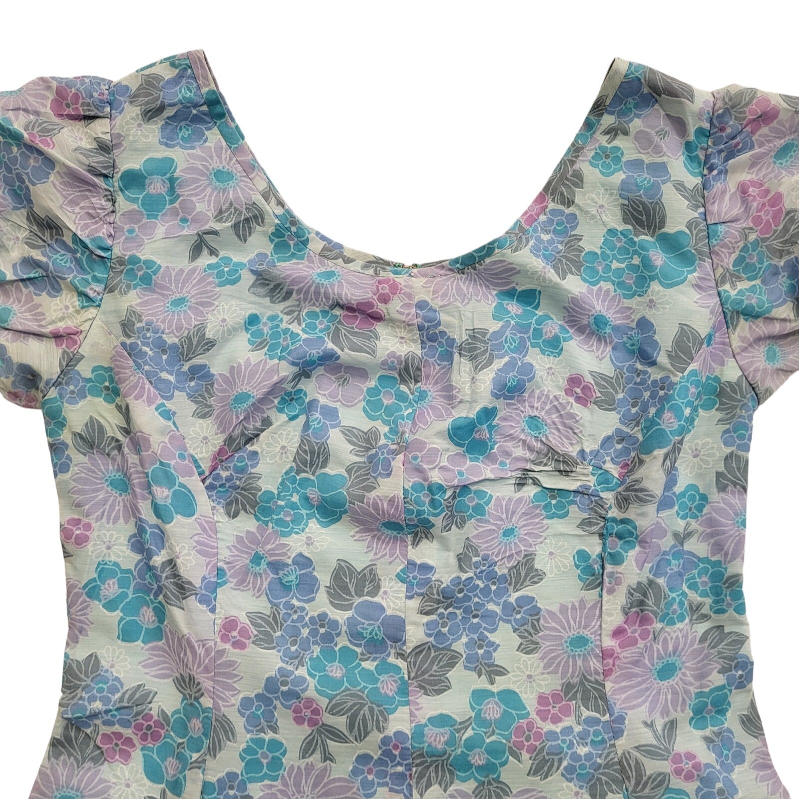 Vintage 70s Blue Purple Floral Short Sleeve A-Line Dress Uk Women's Size 10