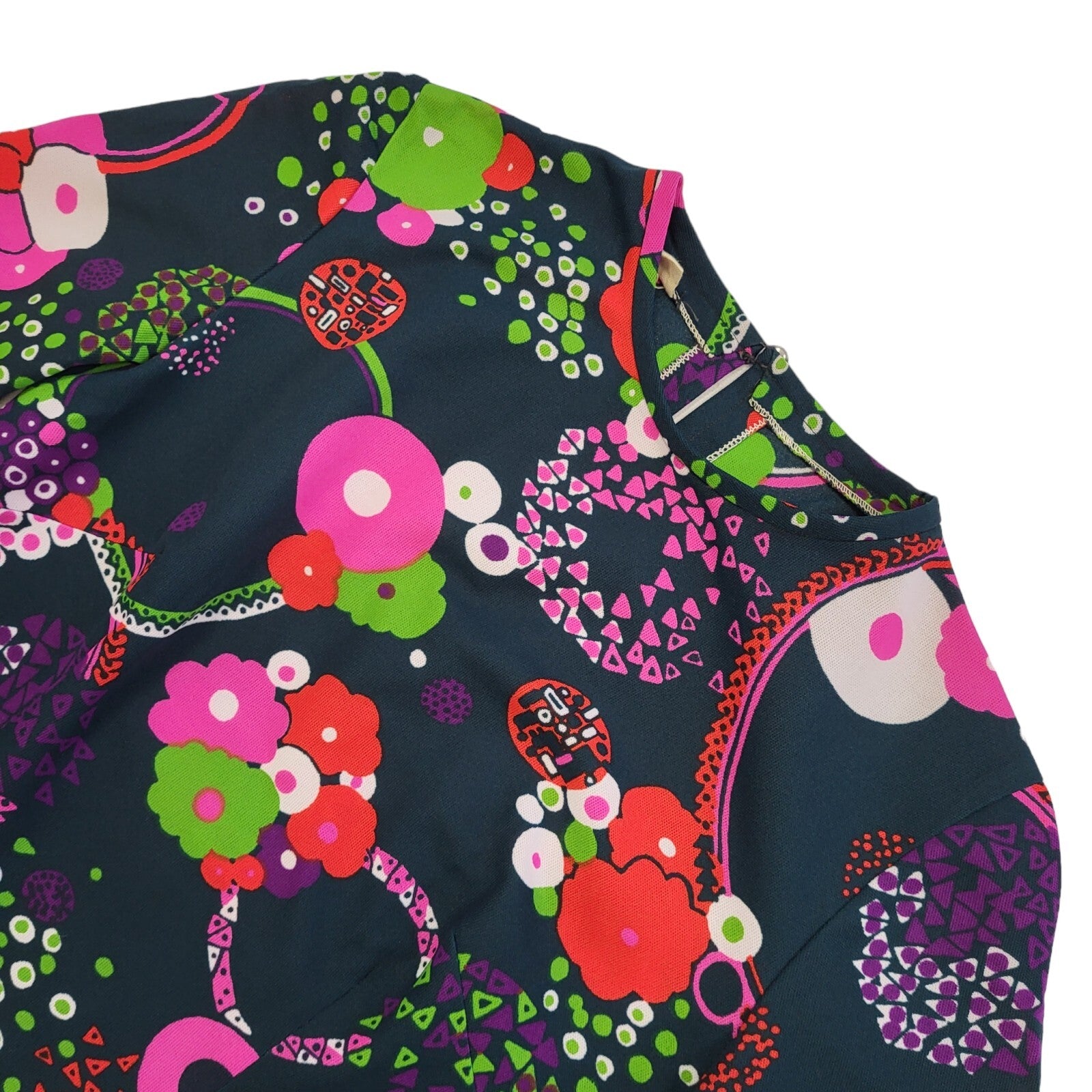 60s Vintage Black & Pink Floral Fit & Flare Dress Women's Size 10