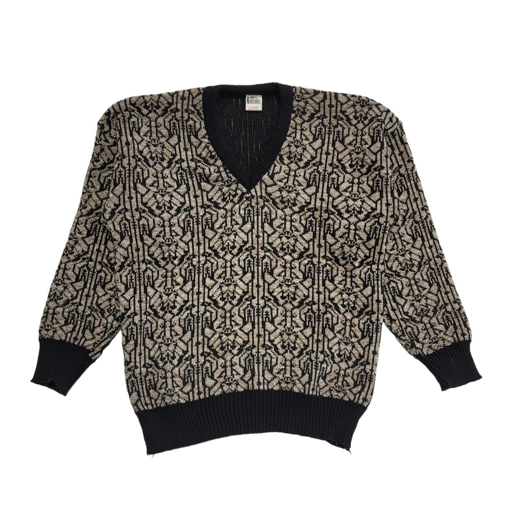 Vintage 90's Brown & Black Retro Abstract V-Neck Jumper Mens UK L