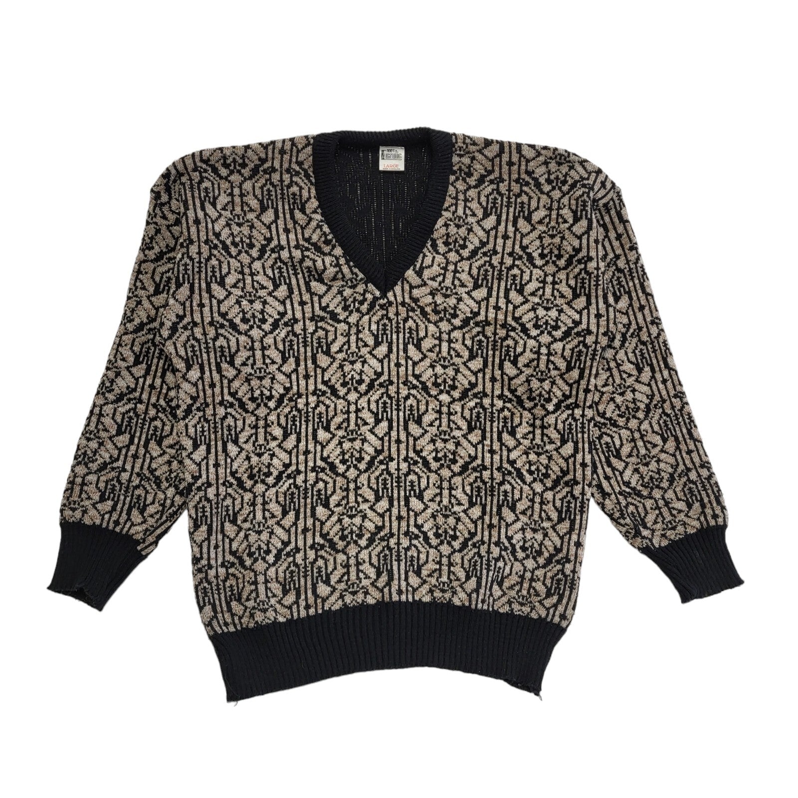 Vintage 90's Brown & Black Retro Abstract V-Neck Jumper Mens UK L