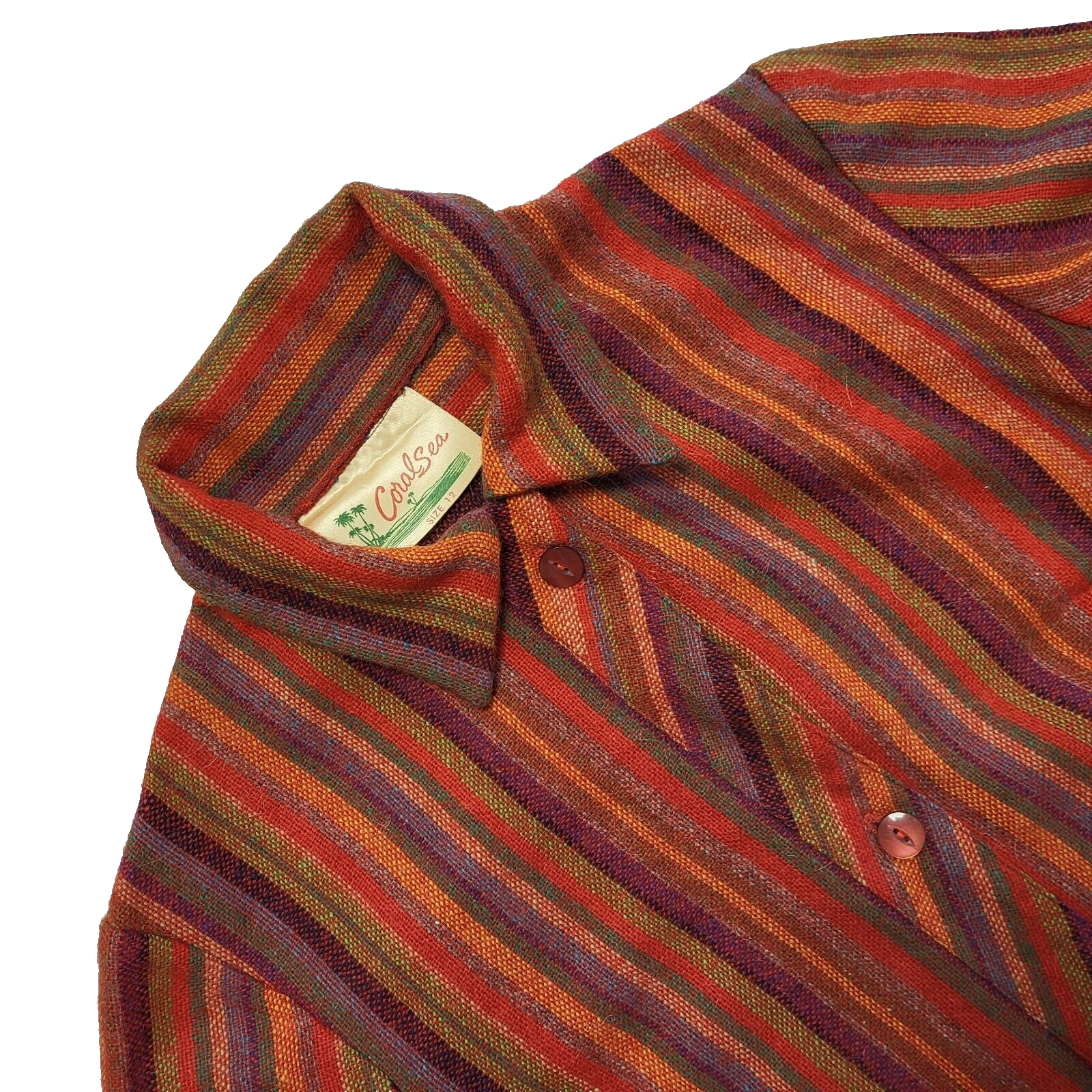 Vintage 70s Coral Sea Striped Long Sleeve Shirt Dress Uk Women's Size 12