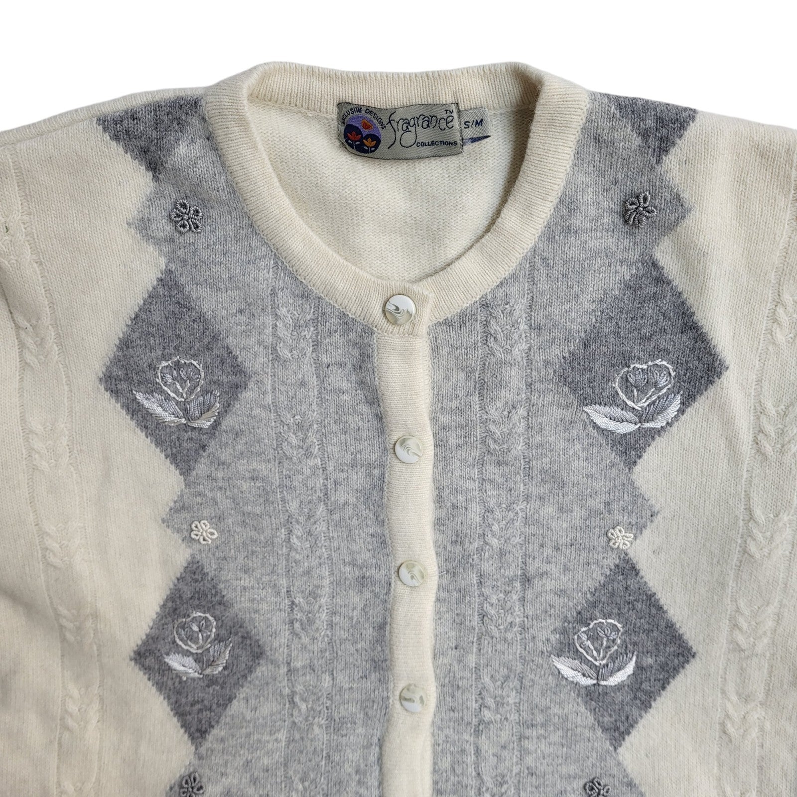 Fragrance Vintage 90's Cream & Grey Knitted Cardigan UK Women's Size S/M