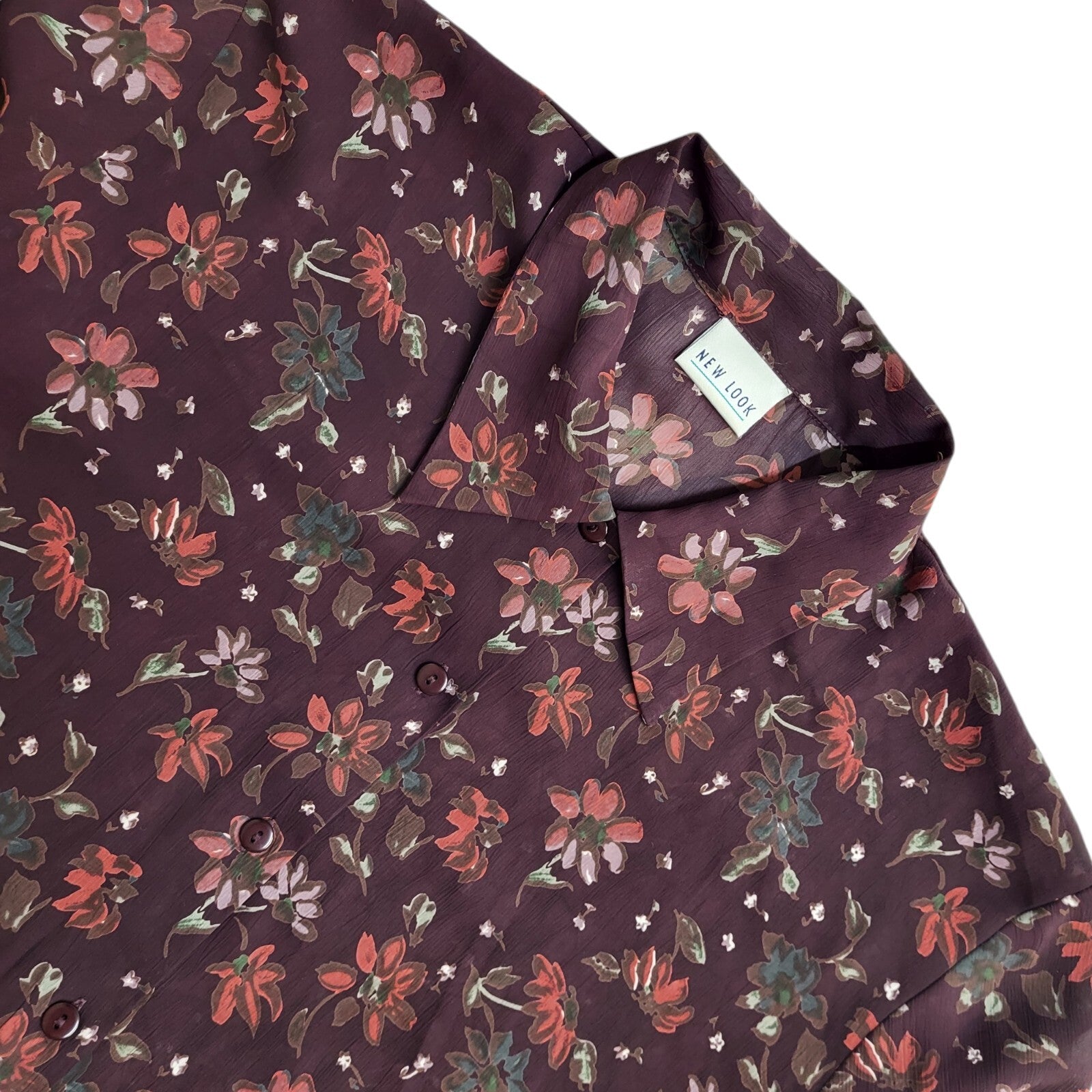 New Look Maroon 90's Long Sleeve Floral Tie Waist Shirt Women's UK Size 16