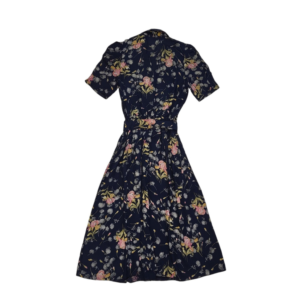 Bhs 80s Vintage Blue Floral Belted & Collared Dress Women's 10