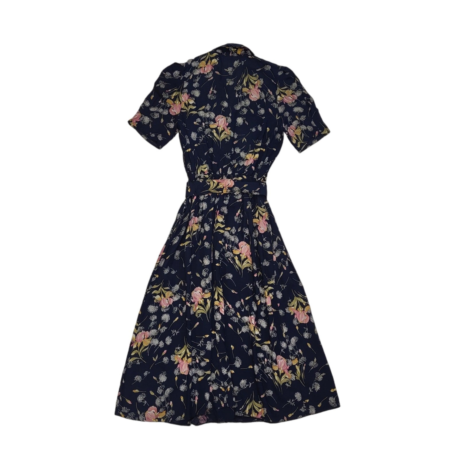 Bhs 80s Vintage Blue Floral Belted & Collared Dress Women's 10