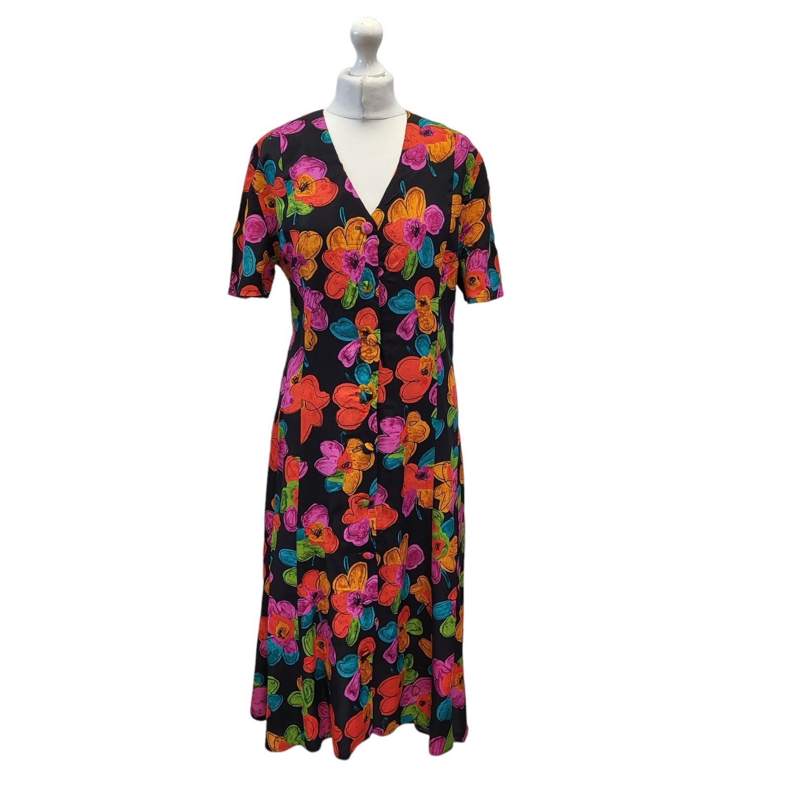 90s Vintage Black, Pink & Red Floral Print Dress Women's Size 12 EU 40