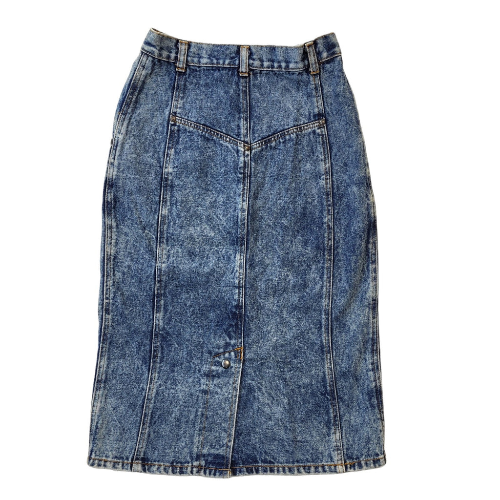 Walker Wear 80s Vintage Blue Acid Wash Midi Denim Skirt Women's Size 8 EU 36 W26