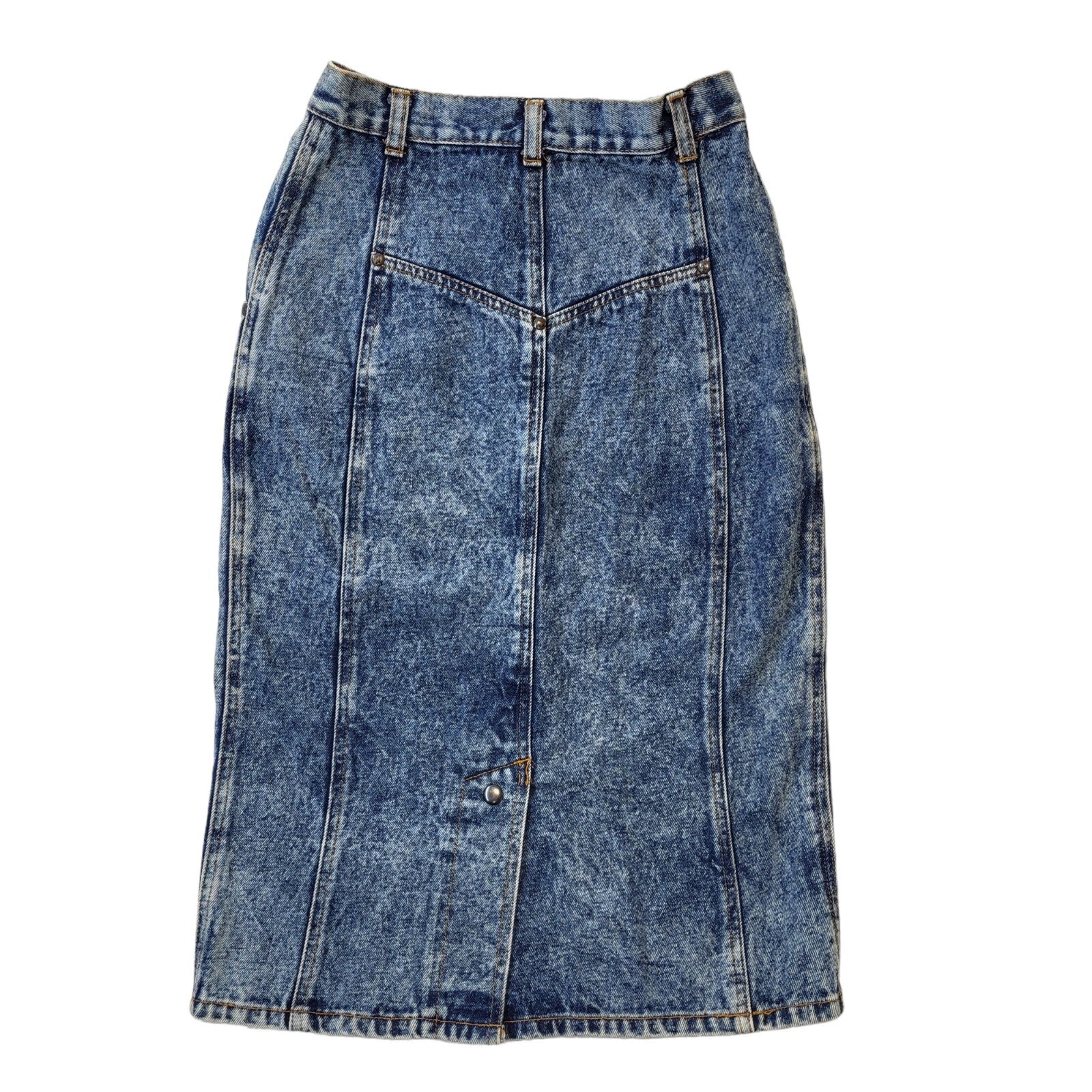 Walker Wear 80s Vintage Blue Acid Wash Midi Denim Skirt Women's Size 8 EU 36 W26