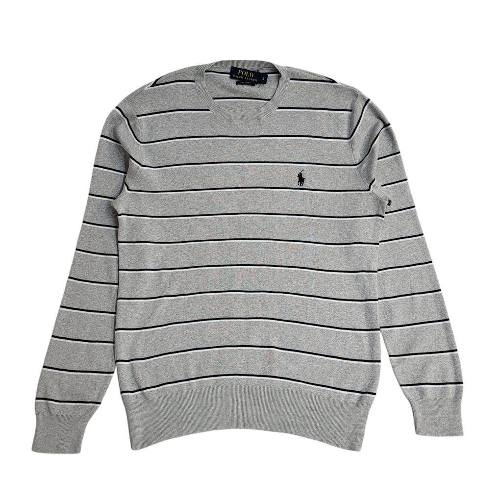 Polo Ralph Lauren Y2K Grey Striped Round Neck Long Sleeve Jumper Men's UK Size S