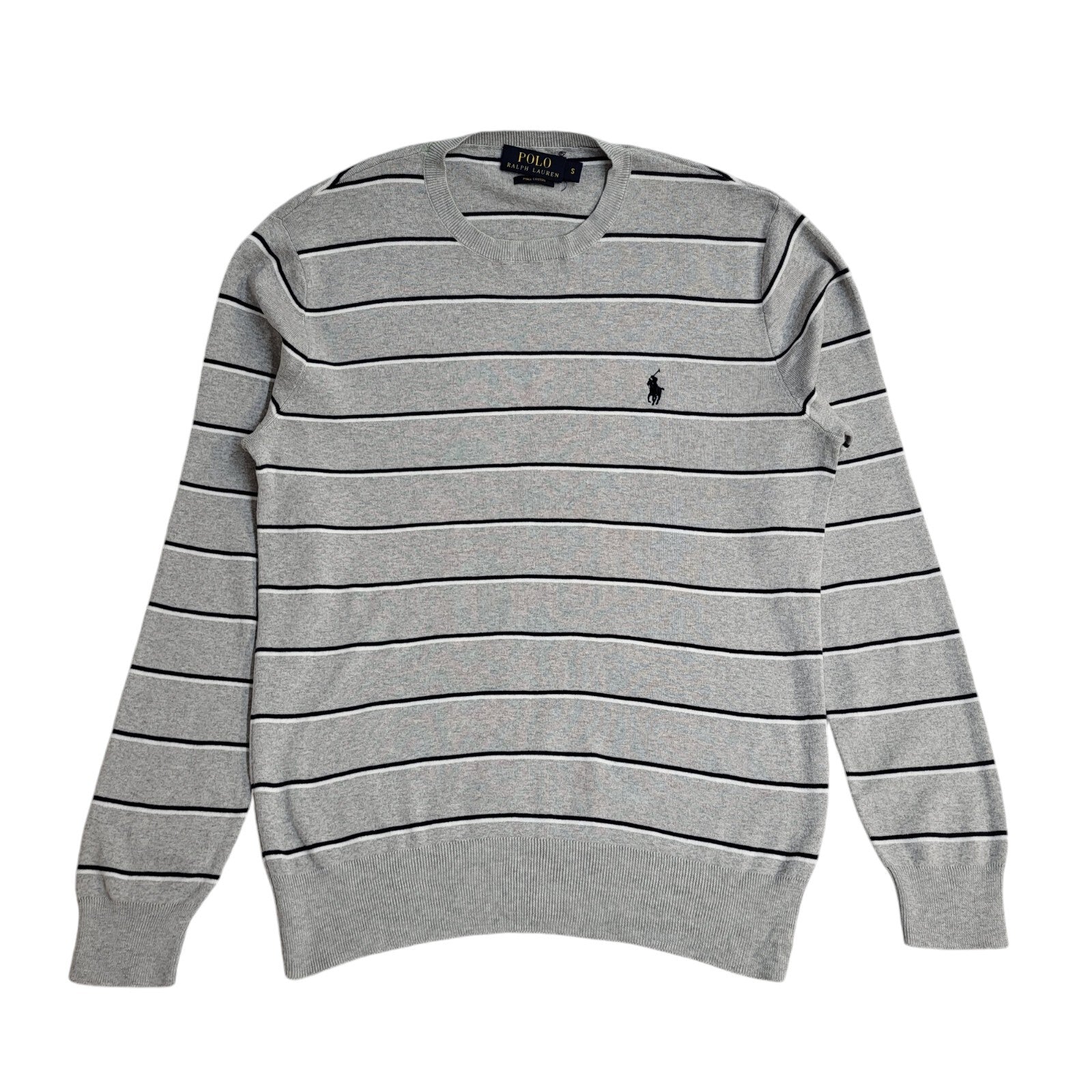 Polo Ralph Lauren Y2K Grey Striped Round Neck Long Sleeve Jumper Men's UK Size S