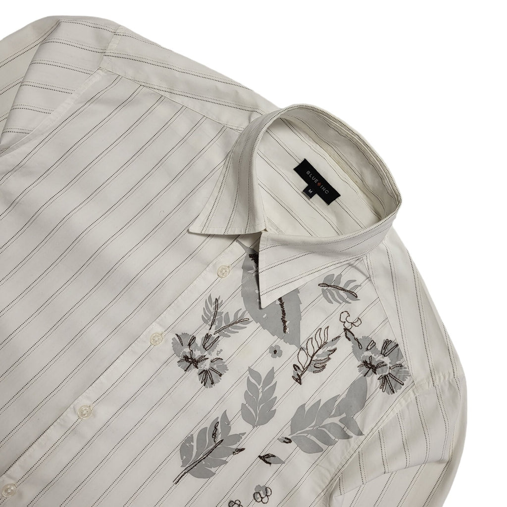 Blue Inc Vintage Y2K White Striped Floral Long Sleeve Shirt Mens UK Medium