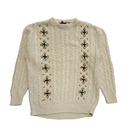 Avant Garde Vintage 80's Cream Floral Round Neck Jumper Womens UK 18-20