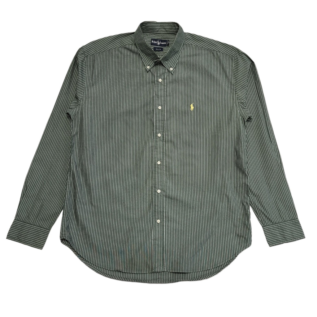 Ralph Lauren 90's Vintage Green Striped Long Sleeve Shirt Mens UK Size XL