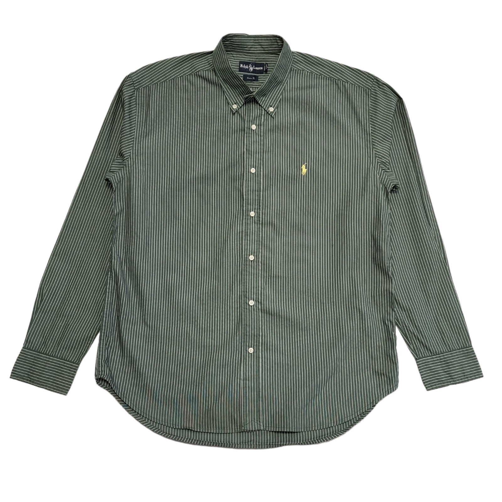 Ralph Lauren 90's Vintage Green Striped Long Sleeve Shirt Mens UK Size XL