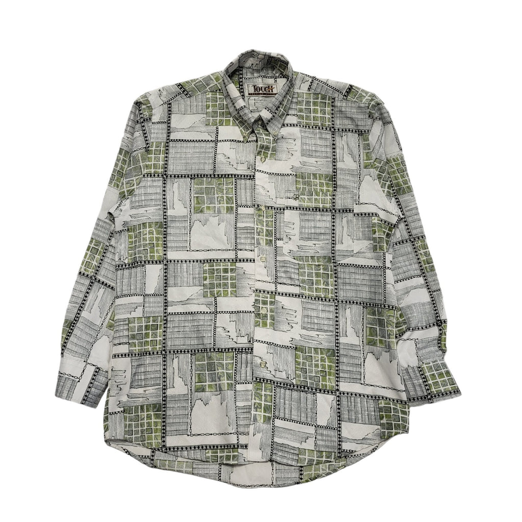 Touch 90s White & Green Abstract Long Sleeve Shirt Uk Men's Size Large