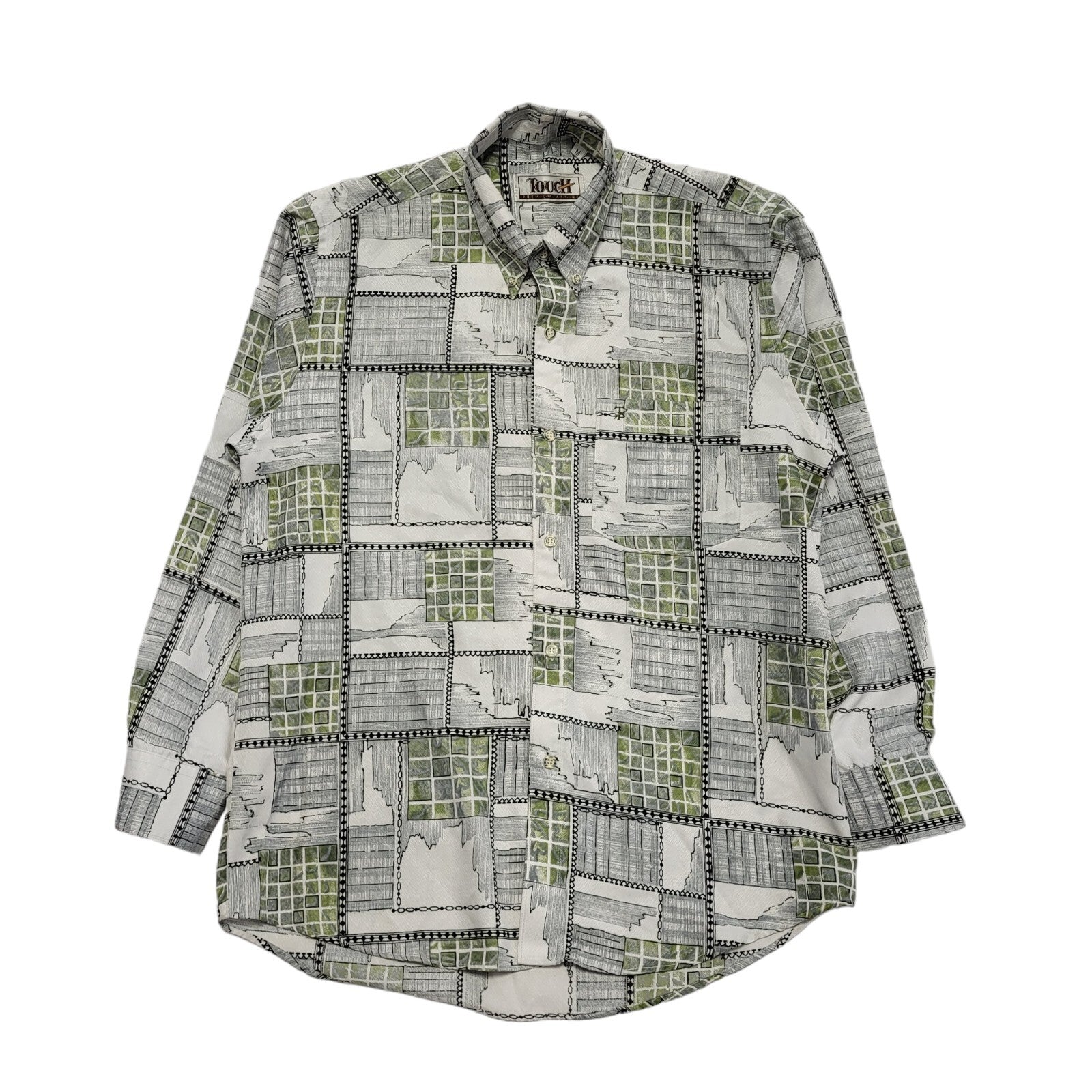 Touch 90s White & Green Abstract Long Sleeve Shirt Uk Men's Size Large
