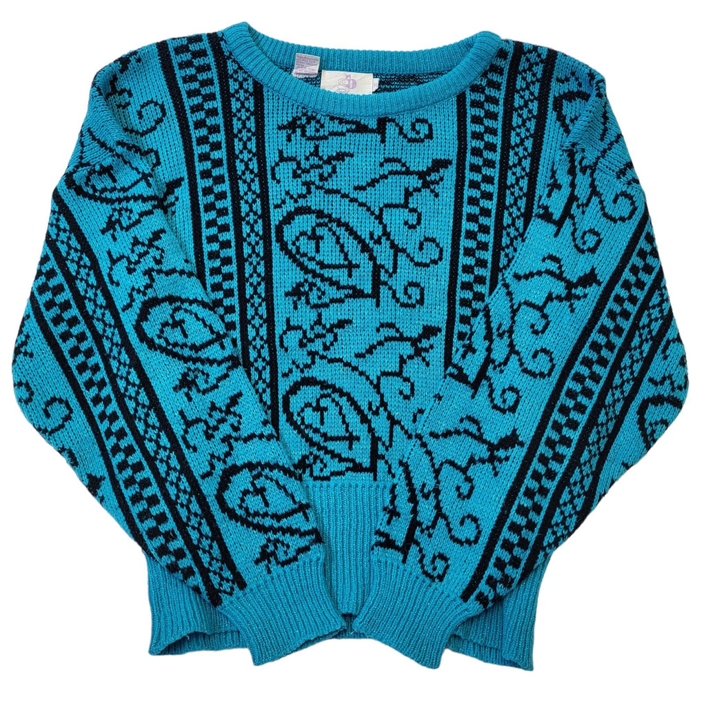 GB 80s Vintage Blue & Black Sparkle Retro Round Neck Jumper Women's Medium.