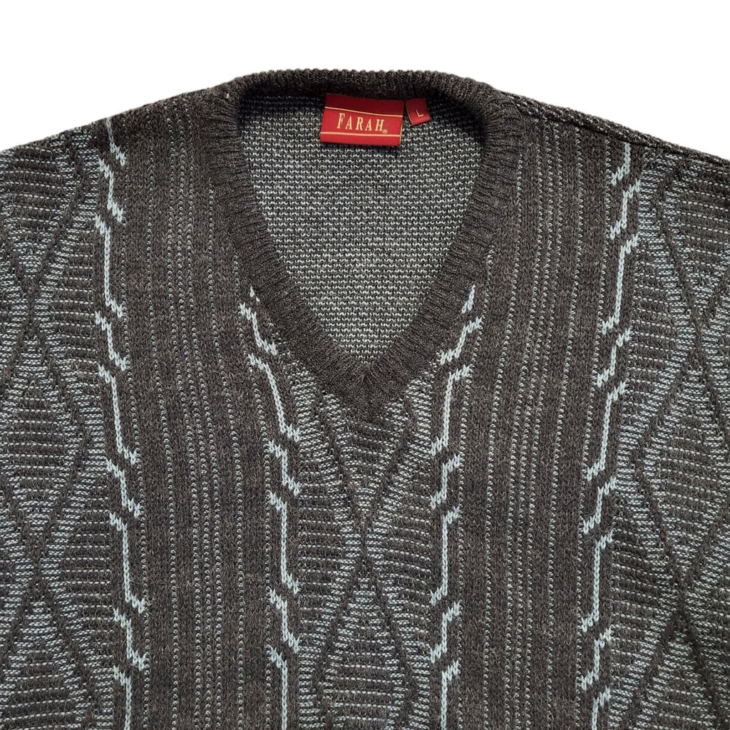 Farah Vintage 80's Grey & Blue V-Neck Long Sleeve Jumper Mens UK L