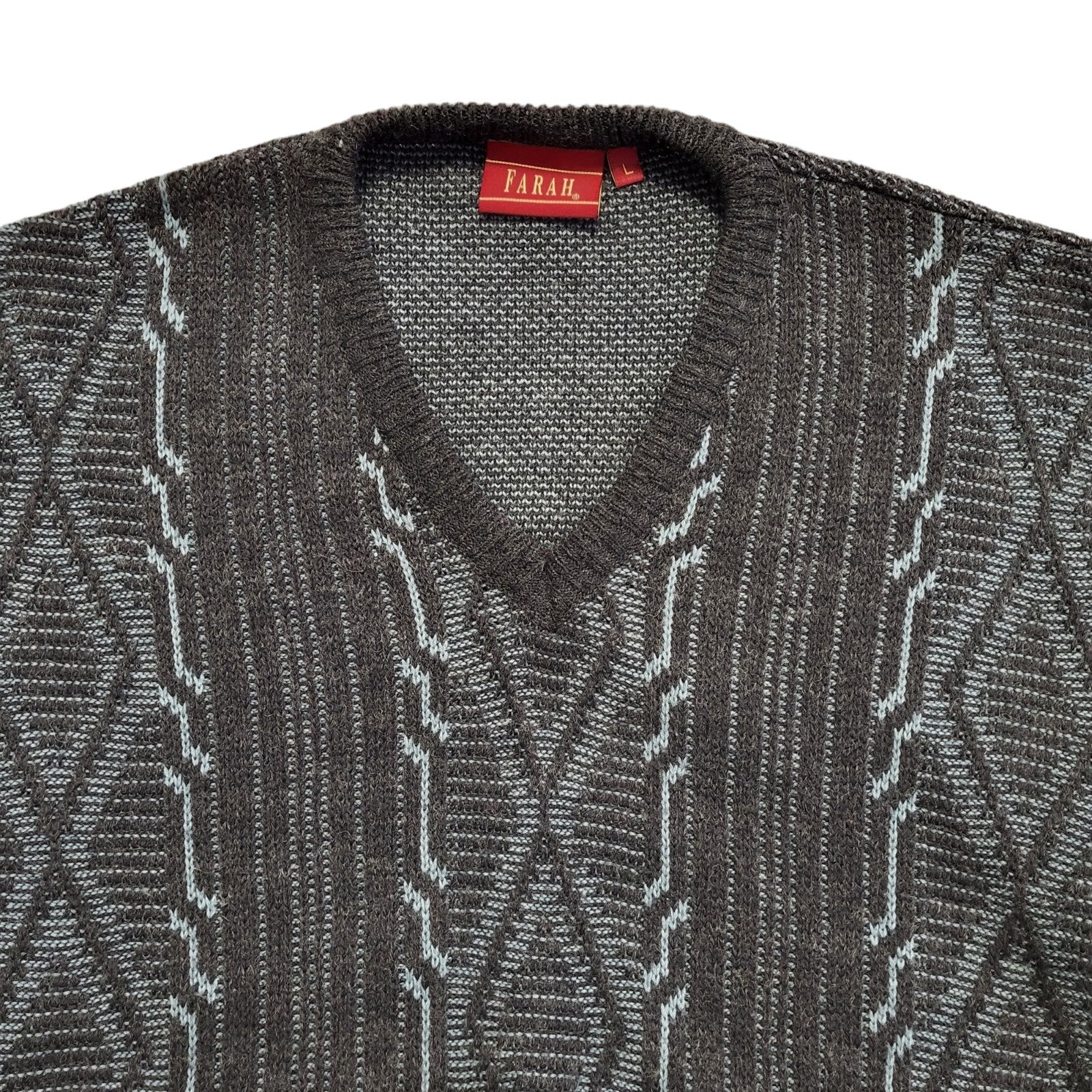 Farah Vintage 80's Grey & Blue V-Neck Long Sleeve Jumper Mens UK L