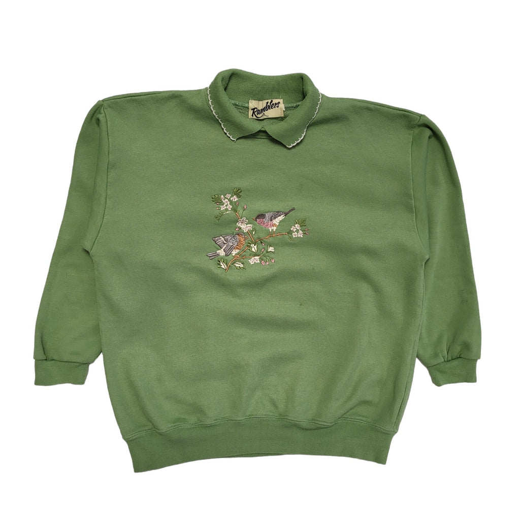 Rumblers Vintage 80s Green Bird Collared Sweatshirt Womens UK Size L