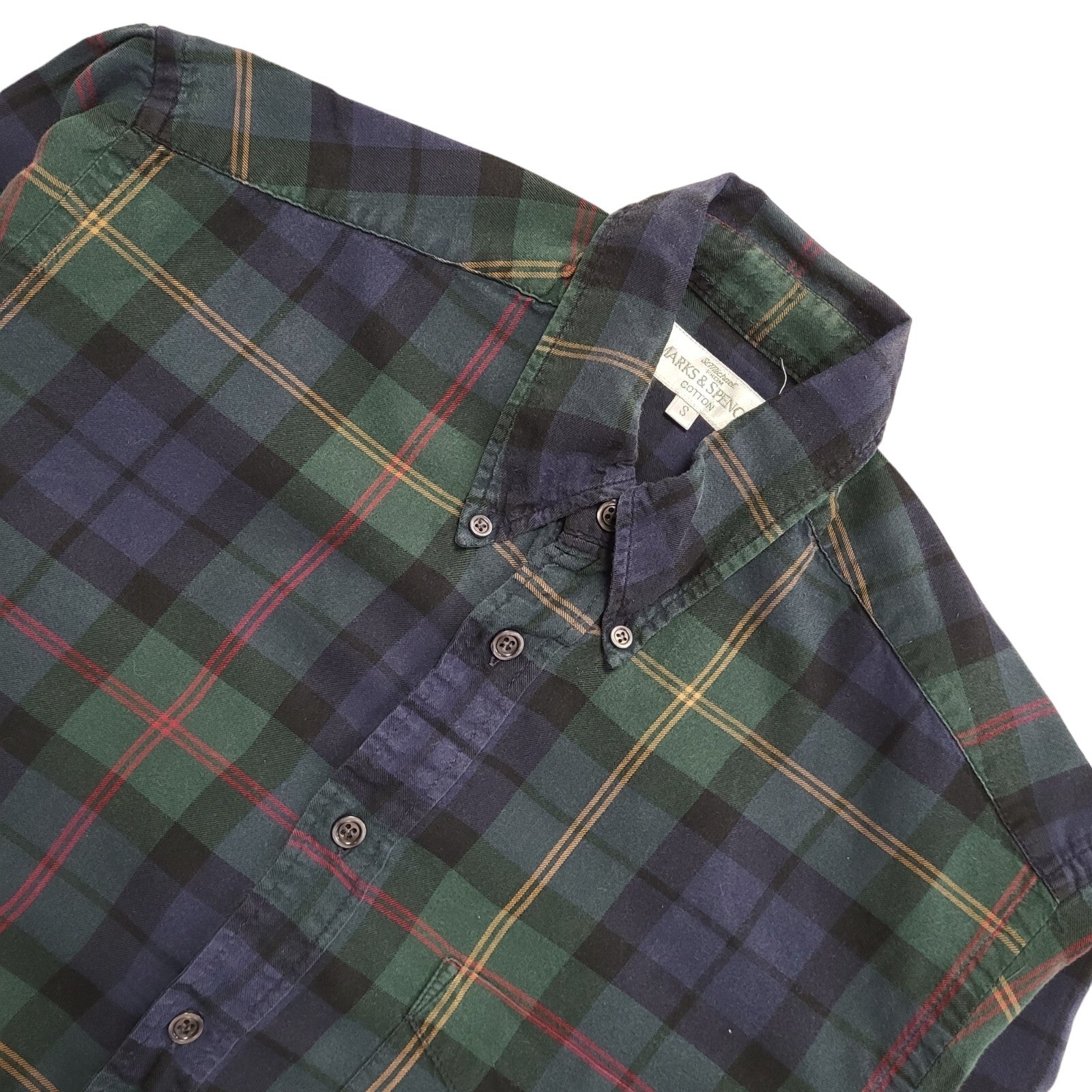 Marks & Spencer Vintage 90s Blue Green Check Long Sleeve Shirt Uk Men's Size S