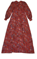 70s Vintage Red Patterned Cuffed Sleeve A-Line Maxi Dress Women's 12