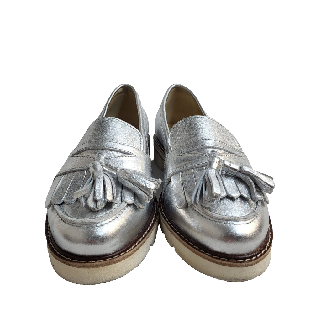 Dune Silver Slip-Up Leather Flat Shoes Uk Women's Size 4.5